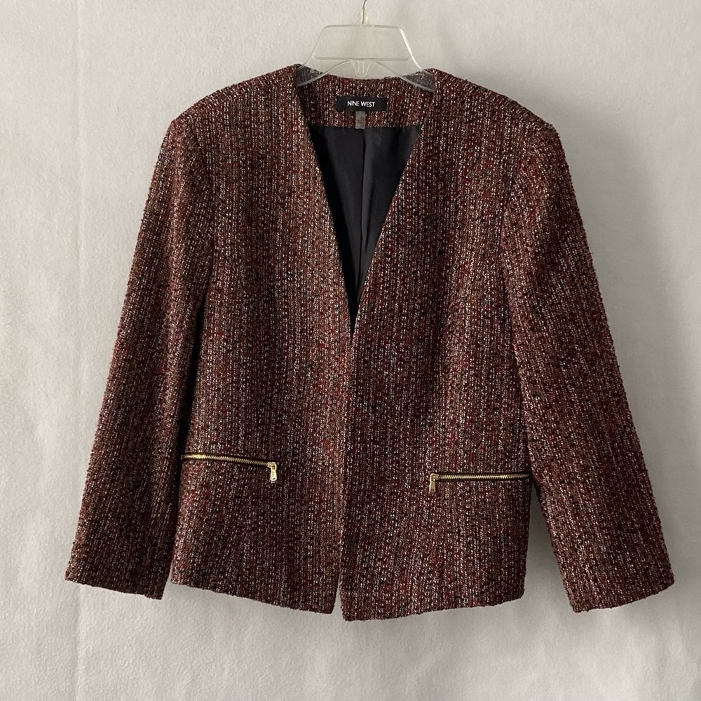 Nine West Size 12 Multicolored Full Lined Collarless Open Front Blazer